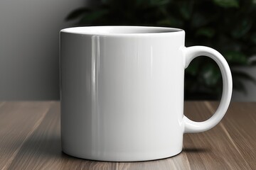 Fototapeta premium A close-up view of a white ceramic mug, presented as a mockup, provides a versatile canvas for your design needs, offering ample space for customization. Photorealistic illustration