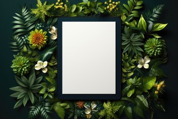 A tablet with a mockup screen is surrounded by flowers and green leaves, creating a natural setting for showcasing your digital designs or content. Photorealistic illustration