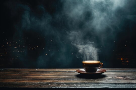 A cup of hot cocoa with rising steam, presented as a mockup, is depicted against a nighttime backdrop, creating a cozy and inviting scene for showcasing your designs. Photorealistic illustration
