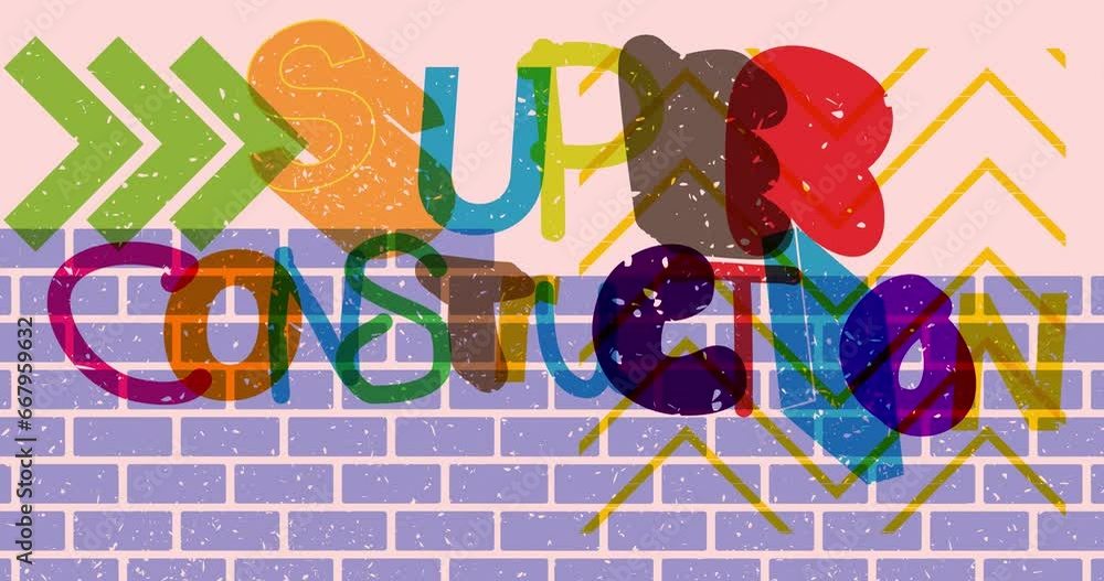 Poster risograph super construction word with geometric shapes animation. moving object in trendy riso grap