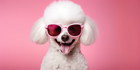 White poodle dog breed wear sunglasses smile and happiness. Generative ai - obrazy, fototapety, plakaty
