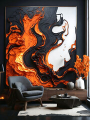 an abstract painting in a living room with black and orange colors
