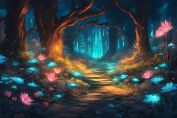 Obraz premium Bioluminescent flowers glowing in the night in a forest.