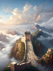 the great wall of china is shown in this painting - obrazy, fototapety, plakaty