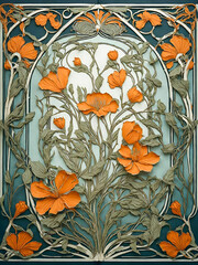 an ornate frame with orange flowers and butterflies
