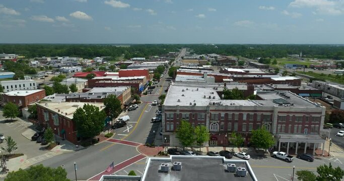 Aerial view of Tifton, old town in Georgia. Main street and small town America brick architecture