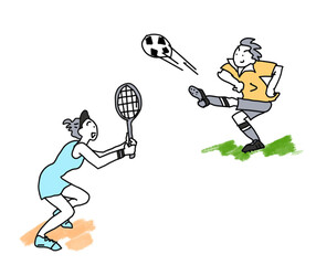 サッカーをしている男性とテニスをしている女性