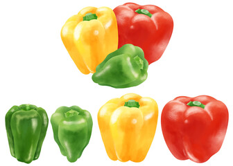水彩で描いたピーマンとパプリカのイラストセット／Watercolor illustration set of green peppers and paprika
