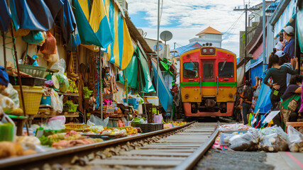 Maeklong Railway Market Thailand, Maeklong Railway Market with train thailand - obrazy, fototapety, plakaty