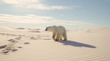 Rolgordijnen Polar bear walking in the desert. Global Warming world concept © Twinny B Studio