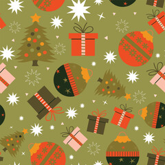 Christmas Holiday Presents Tree Snowflakes print Repeating Pattern Seamless Vector 