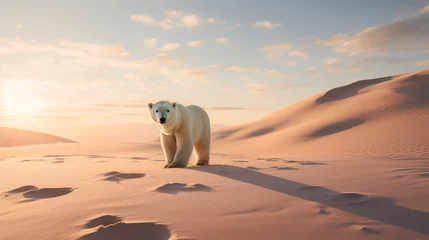 Fotobehang Polar bear walking in the desert. Global Warming world concept © Twinny B Studio