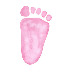 Little pink footprint. Baby shower, gender reveal party, design invitation. Boy or girl. Hand drawn watercolor illustration isolated background. For family surprise party feast