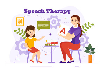 Speech Therapy Vector Illustration with Kids Training Basic Language Skills and Articulation Problem in Education Flat Cartoon Background Templates