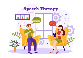 Speech Therapy Vector Illustration with Kids Training Basic Language Skills and Articulation Problem in Education Flat Cartoon Background Templates