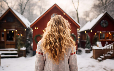 Back view of beautiful young woman with long curly blonde hair near cute tiny house in village or countryside on Christmas or New Year
