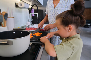 Grandmother and granddaughter are preparing soup.