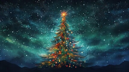 abstract christmas tree with ornaments and lights, stars in the background - obrazy, fototapety, plakaty