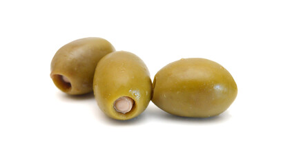 Green and black cut olive rings on a white background
