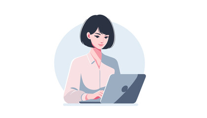 business woman with laptop, flat vector art, technology concept, isolated, Laptop computer technology concept character . Flat vector illustration