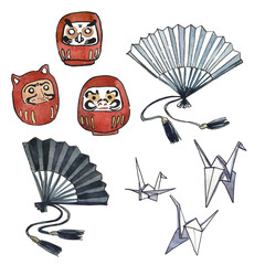 watercolor illustration set of japanese culture elements origami daruma fan