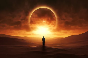 Fototapeten A silhouette of a man seeing a radiant solar eclipse from the desert. (Generative AI) © ShafiAzim