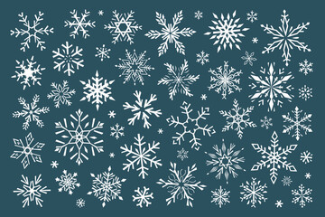 Big set of hand-drawn graphic snowflakes. Modern flat vector illustration.