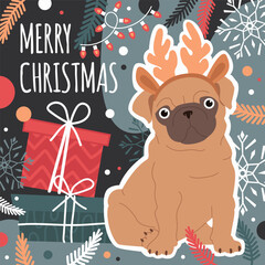 Christmas card with a cute dog and winter elements. Vector illustration in trendy colors.