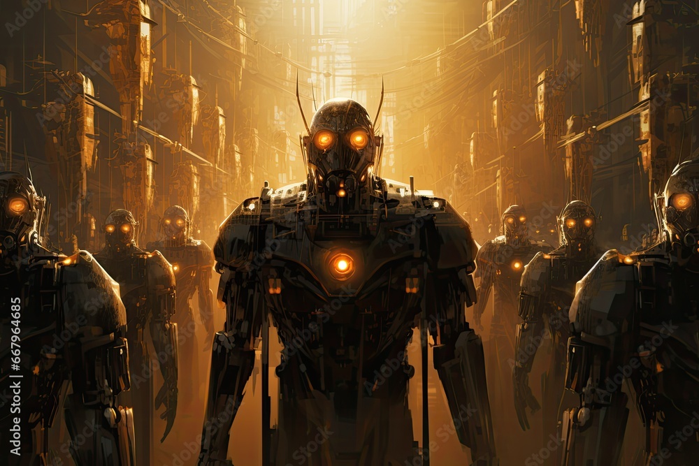 Poster robot and cyborg in the future,3d rendering, mechanical guardians: an image featuring towering ai ro