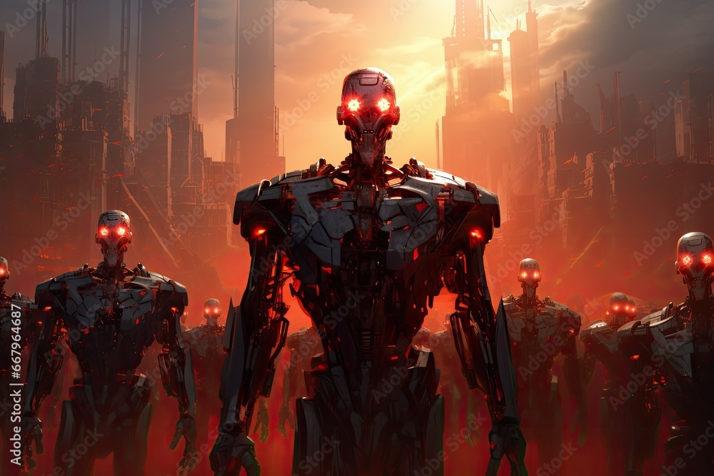 Poster cyborgs in a futuristic city. 3d rendering image, mechanical guardians: an image featuring towering 