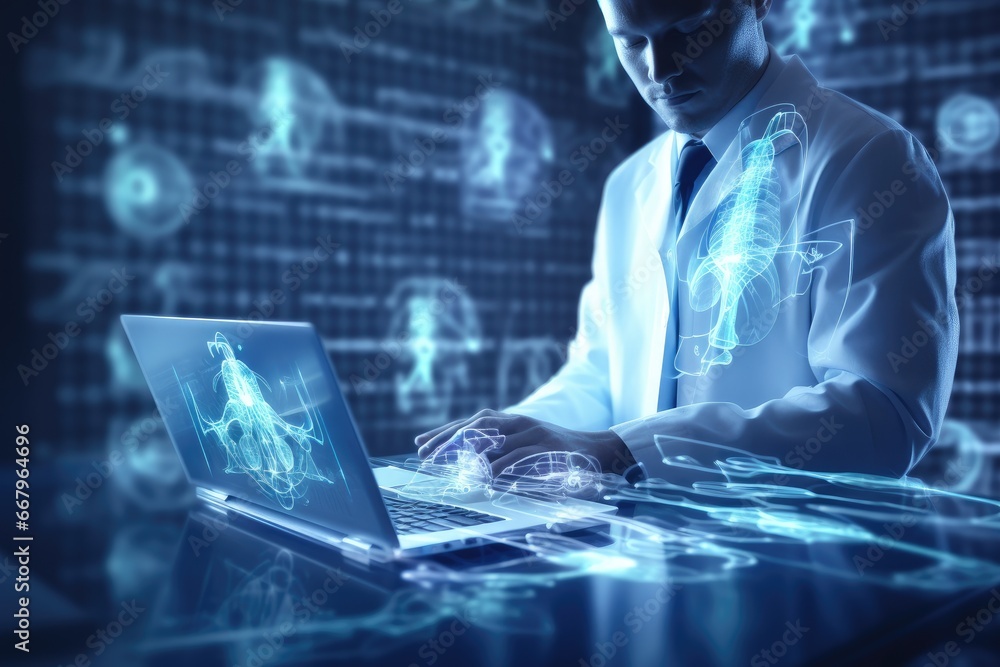 Aufkleber image of young doctor working with laptop against blue background with binary code, medical doctor h