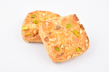 Closeup of baked biscuit isolated on white background