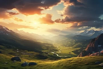 Foto op Canvas Mountain landscape at sunset. Panoramic view of the mountains and valley, Mountain valley during sundown. Beautiful naural landscape in the summer time, AI Generated © Ifti Digital