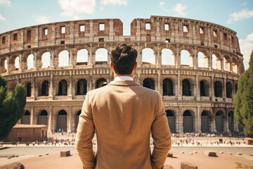 Fototapeta na wymiar Rear view of young man looking at Colosseum in Rome, Italy, Male tourist standing in front of a sandy beach and watching the sea, rear view, full body, AI Generated