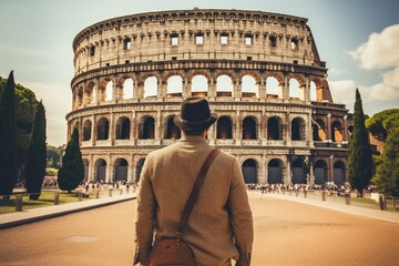 Fototapeta na wymiar A young man in a hat and a coat looks at the Colosseum in Rome, Italy, Male tourist standing in front of a sandy beach and watching the sea, rear view, full body, AI Generated
