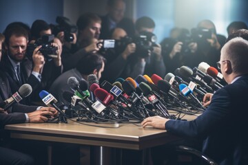 Rear view of journalists interviewing a man in the news studio, Media interview in a conference room, microphones, press conference, press conference, AI Generated