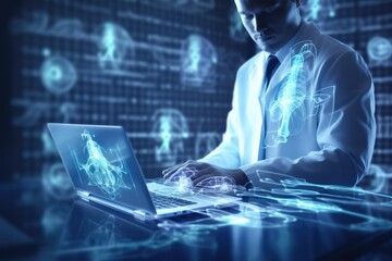 Image of young doctor working with laptop against blue background with binary code, Medical doctor hand working with modern computer interface as medical concept. 3D rendering, AI Generated