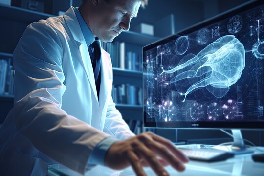 Image of doctor in white coat working with x-ray image in office, Medical doctor hand working with modern computer interface as medical concept. 3D rendering, AI Generated
