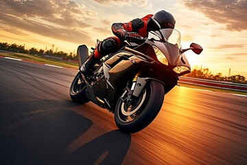 Motorcycle rider rides on a race track at sunset. Motion blur, Motorcycle rider on sport bike rides fast on race track at sunset. Extreme athlete Sport Motorcycles Racing, AI Generated