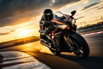 Motorcycle rider on sport bike driving fast on race track at sunset, Motorcycle rider on sport bike rides fast on race track at sunset. Extreme athlete Sport Motorcycles Racing, AI Generated - obrazy, fototapety, plakaty