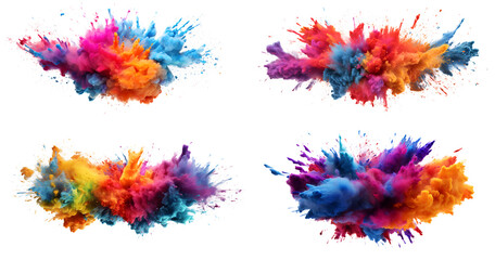  Set of Colored powder explosion. Paint holi, Colorful rainbow holi paint splash, Colorful elements for design, isolated on white and transparent background