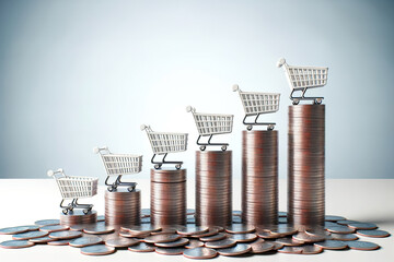 Inflation Visualized: Shopping Carts Climb Rising Coin Stacks - obrazy, fototapety, plakaty