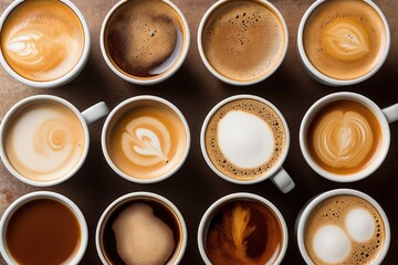 Obraz na płótnie Canvas Coffee cups with latte art on wooden table, top view, Multiple cups of coffee with variety of coffee drinks overhead view, AI Generated