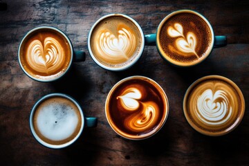 Coffee latte art on wooden background, vintage color tone, Multiple cups of coffee with variety of coffee drinks overhead view, AI Generated