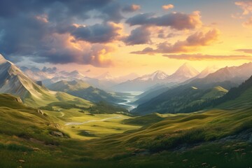 Beautiful mountain landscape at sunset. Digital painting. 3d rendering, Mountain valley during sundown. Beautiful naural landscape in the summer time, AI Generated
