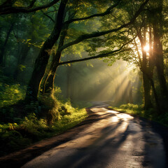 Fototapeta premium morning sun light rays piercing through the trees in a road of a forest 