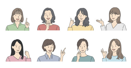 笑顔の女性の様々なポーズイラストセット