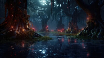 Dark mystical forest with fireflies, flowing stream amidst ancient trees. Mysterious ambiance.