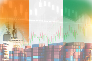 Côte dIvoire flag with containers in ship. trade graph concept illustrate poster design.