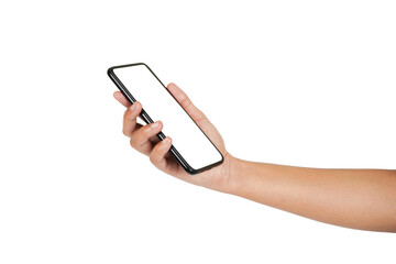 Empty screen mobile phone in hand isolated on white background